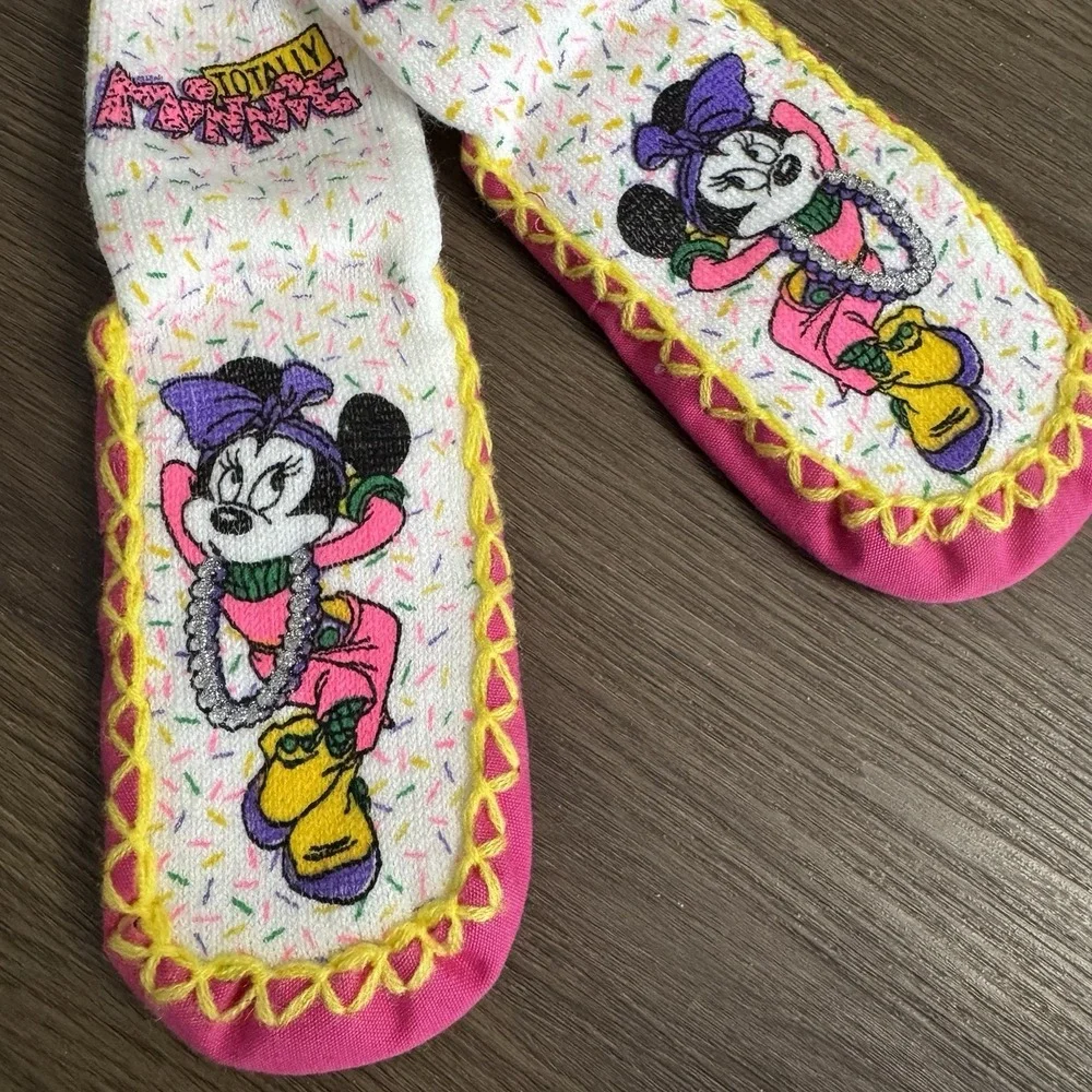 NEW Vintage Girl's Minnie Mouse Slipper Socks Large 9 - 10 Neon‎ 90s